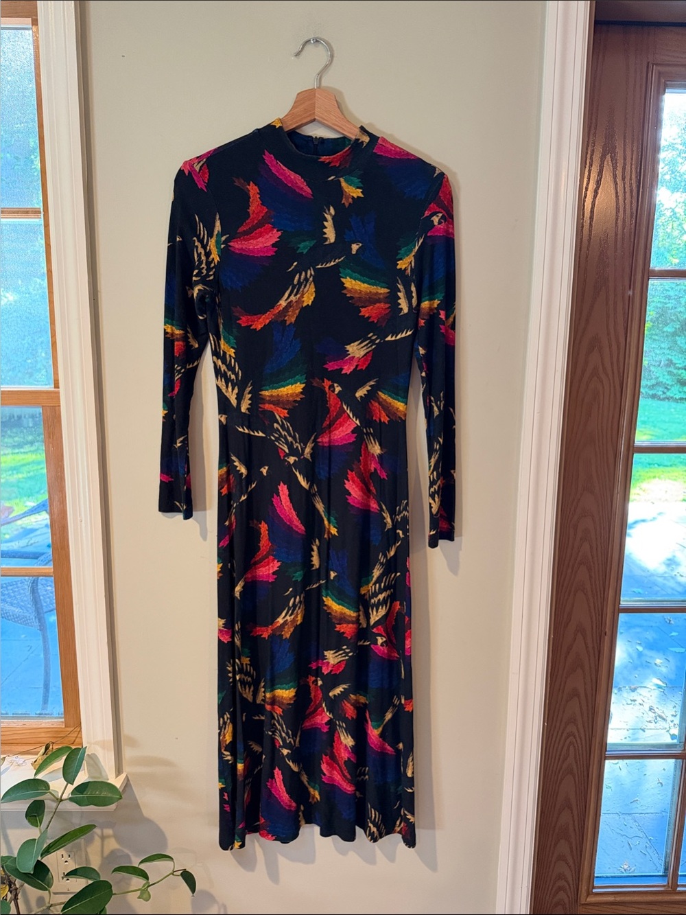 NWOT FARM Rio Black Macaws Flight Jersey Midi Dress S Mock Neck Bird Print - Picture 2 of 6